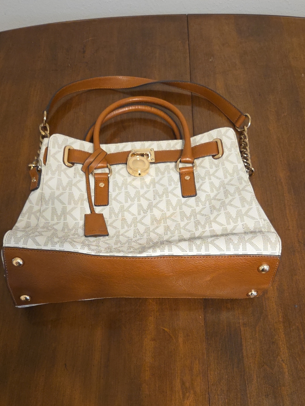 Michael Kors Cream Logo Satchel with Tan Leather Trim